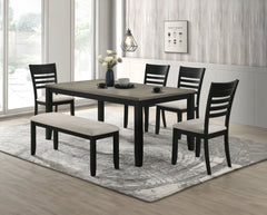 This dining group is the epitome of modern sophistication and functional elegance. The centerpiece is a sleek, rectangular table with a beautifully textured wood grain finish, offering a touch of rustic charm to its contemporary design. The table is compl