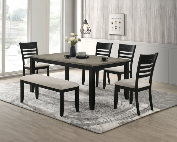 This dining group is the epitome of modern sophistication and functional elegance. The centerpiece is a sleek, rectangular table with a beautifully textured wood grain finish, offering a touch of rustic charm to its contemporary design. The table is compl