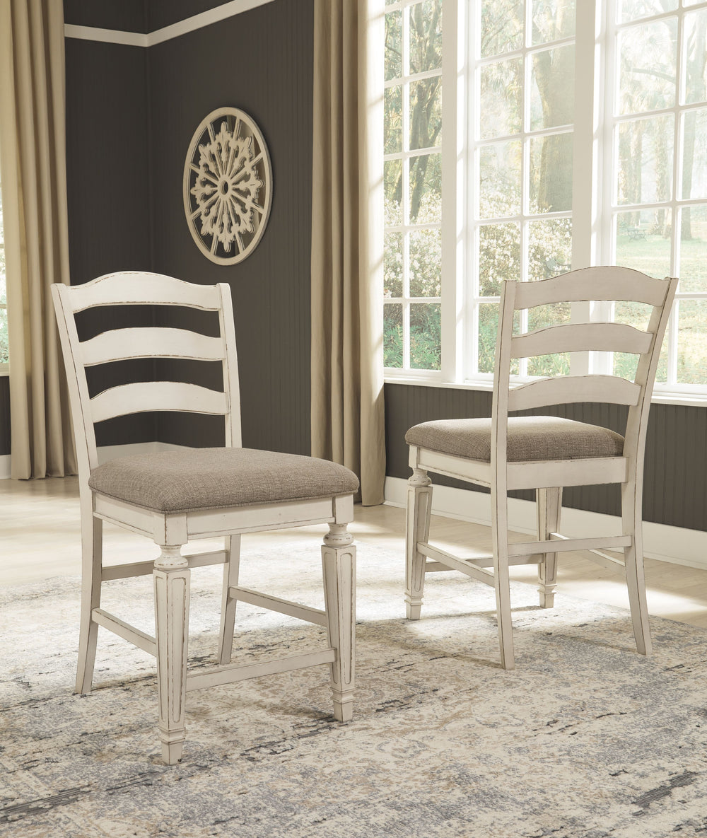 Bon appÃ©tit. With its rounded ladderback styling, chipped white finish and plushly cushioned seat, this counter-height bar stool has all the right ingredients for a French country-inspired feast for the eyes.<br><br><b>Additional Dimensions</b><br><ul><l