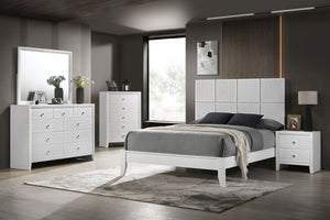  characterized by its crisp white finish and distinctive textured front panels. The centerpiece