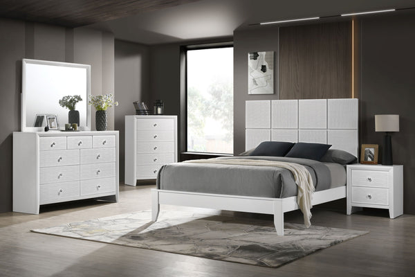  characterized by its crisp white finish and distinctive textured front panels. The centerpiece