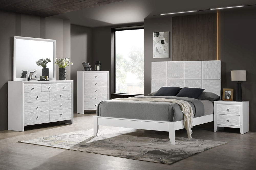 This bedroom collection is the embodiment of sleek, contemporary design, characterized by its crisp white finish and distinctive textured front panels. The centerpiece, a chic bed with a statement headboard, features geometric paneling that adds depth and