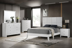 This bedroom collection is the embodiment of sleek, contemporary design, characterized by its crisp white finish and distinctive textured front panels. The centerpiece, a chic bed with a statement headboard, features geometric paneling that adds depth and