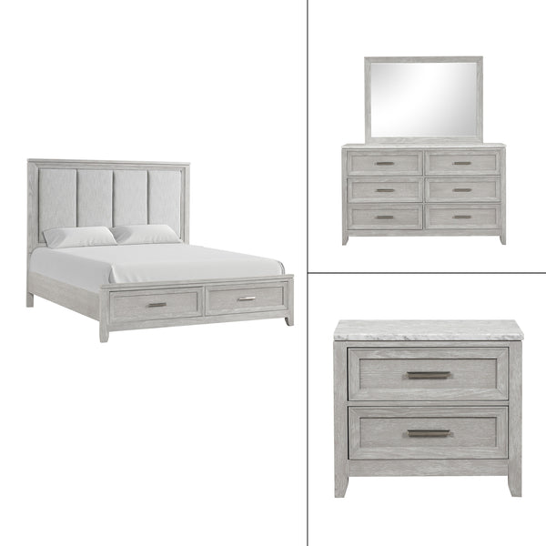 The Fiona 4 Piece Bedroom Set features a storage bed with a plush upholstered headboard, designed for ultimate comfort and convenience. The bed is complemented by a 6-drawer dresser and a 2-drawer nightstand, all exhibiting a harmonious blend of Acacia so