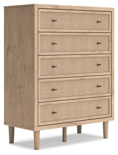 Clean-lined and contemporaryâ€”but far from starkâ€”this chest of drawers is a fresh style awakening. Pairing a light finish with replicated oak grain and textured beige details that replicate the look of cane, its mixed materials bring a naturally versat