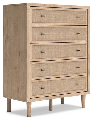 Clean-lined and contemporaryâ€”but far from starkâ€”this chest of drawers is a fresh style awakening. Pairing a light finish with replicated oak grain and textured beige details that replicate the look of cane, its mixed materials bring a naturally versat