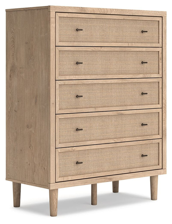Clean-lined and contemporaryâ€”but far from starkâ€”this chest of drawers is a fresh style awakening. Pairing a light finish with replicated oak grain and textured beige details that replicate the look of cane, its mixed materials bring a naturally versat