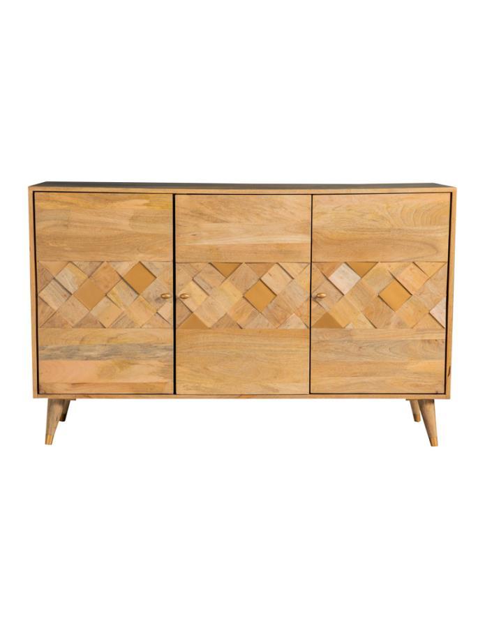 Make a statement with this three-door accent cabinet, blending mid-century modern aesthetics with natural charm. Crafted from solid mango wood, the checkered woodgrain pattern across the doors creates a striking visual texture. The spacious interior with 