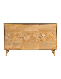 Make a statement with this three-door accent cabinet, blending mid-century modern aesthetics with natural charm. Crafted from solid mango wood, the checkered woodgrain pattern across the doors creates a striking visual texture. The spacious interior with 