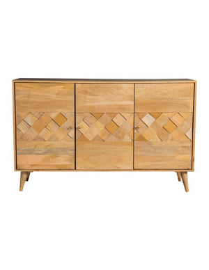 Make a statement with this three-door accent cabinet, blending mid-century modern aesthetics with natural charm. Crafted from solid mango wood, the checkered woodgrain pattern across the doors creates a striking visual texture. The spacious interior with 