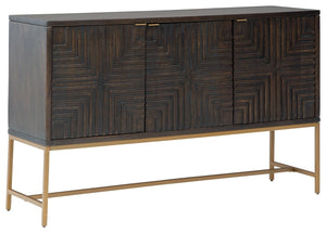 This accent cabinet is a versatile stunner with 3 geometric patterned door fronts in warm dark brown accented with goldtone finish metal hardware. Standing on a goldtone metal open frame base, the three-door console is aesthetically contemporary and sophi