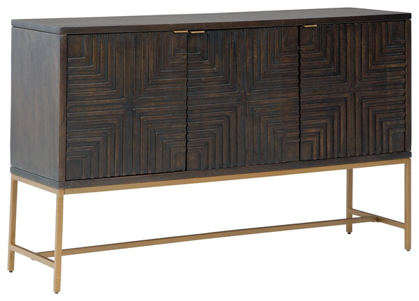 This accent cabinet is a versatile stunner with 3 geometric patterned door fronts in warm dark brown accented with goldtone finish metal hardware. Standing on a goldtone metal open frame base, the three-door console is aesthetically contemporary and sophi