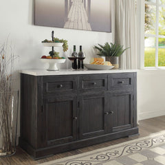 Constructed from solid wood and veneers, the Nolan server is both sturdy and durable, while providing super functional appeal. The server has a genuine white marble top that adds to its robust structure and great looks. It features three spacious drawers 