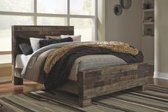 Modern yet hefty. This queen panel bed makes an urban eclectic statement. Seasoned raw wood look merges with the clean lined design we love today. Muted rustic finish over replicated pine grain maintains its authenticity for a beauteous look. Mattress and