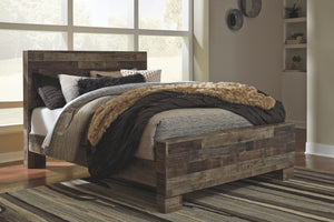 Modern yet hefty. This queen panel bed makes an urban eclectic statement. Seasoned raw wood look merges with the clean lined design we love today. Muted rustic finish over replicated pine grain maintains its authenticity for a beauteous look. Mattress and