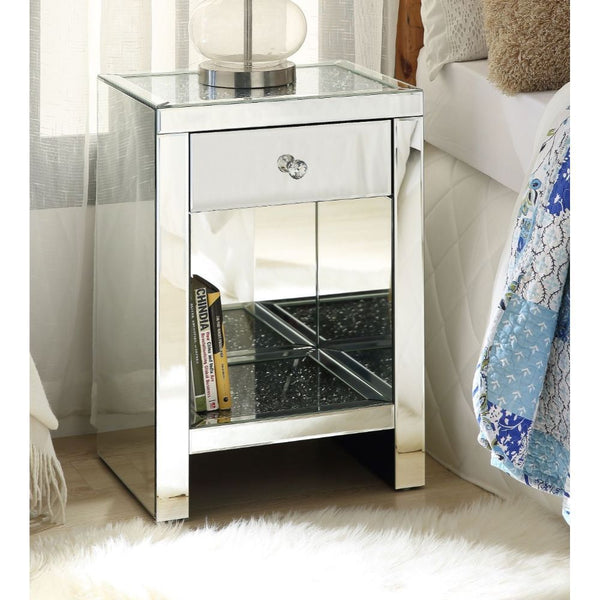 Assembled, Rectangular Night Table Storage: 1 Drw & 1 Open Compartment (Bottom Shelf) Features: Mirrored Finish, Top & Shelf w/Faux Diamonds & Clear Glass, Mirrored Sled Base CONSTRUCTION Mirrored Case Frame: 4mm Beveled Mirror, MDF