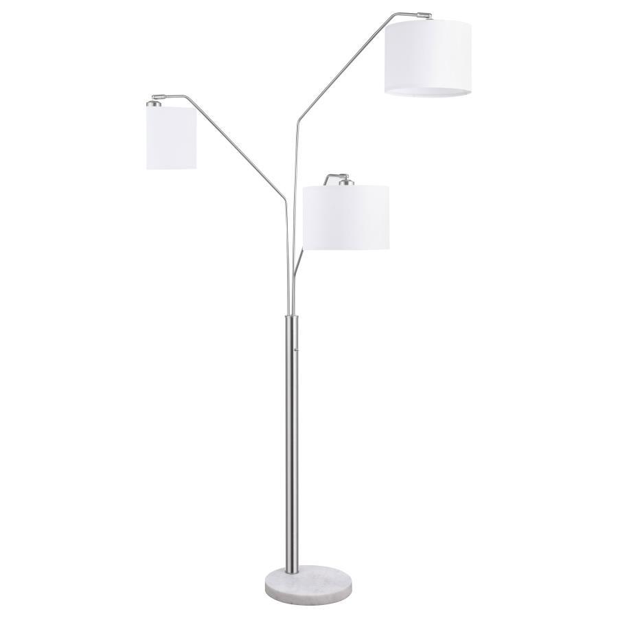 Brighten your space with this elegant floor lamp featuring three arched arms and white drum fabric shades. The sleek chrome finish and crisp lines bring modern sophistication, while a weighted white marble base ensures stability. Perfect for living rooms 