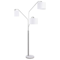Brighten your space with this elegant floor lamp featuring three arched arms and white drum fabric shades. The sleek chrome finish and crisp lines bring modern sophistication, while a weighted white marble base ensures stability. Perfect for living rooms 