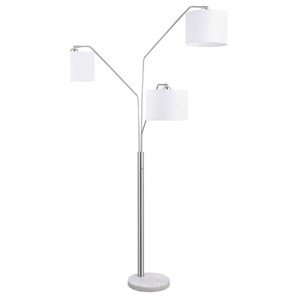 Brighten your space with this elegant floor lamp featuring three arched arms and white drum fabric shades. The sleek chrome finish and crisp lines bring modern sophistication, while a weighted white marble base ensures stability. Perfect for living rooms 