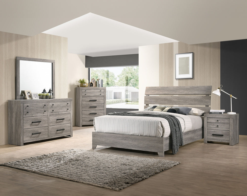 This bedroom set presents a harmonious blend of rustic charm and streamlined design, showcasing a weathered gray finish that brings a tranquil, grounding atmosphere to any sleeping space. The ensemble includes a robust bed frame with a striking headboard 