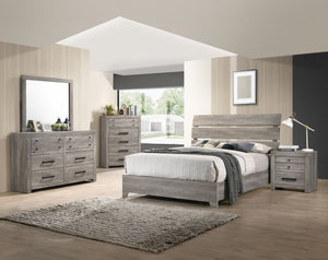 This bedroom set presents a harmonious blend of rustic charm and streamlined design, showcasing a weathered gray finish that brings a tranquil, grounding atmosphere to any sleeping space. The ensemble includes a robust bed frame with a striking headboard 
