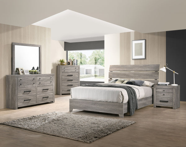 This bedroom set presents a harmonious blend of rustic charm and streamlined design, showcasing a weathered gray finish that brings a tranquil, grounding atmosphere to any sleeping space. The ensemble includes a robust bed frame with a striking headboard 