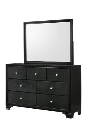 making a bold statement with its textured surfaces and rich black finish. The bed