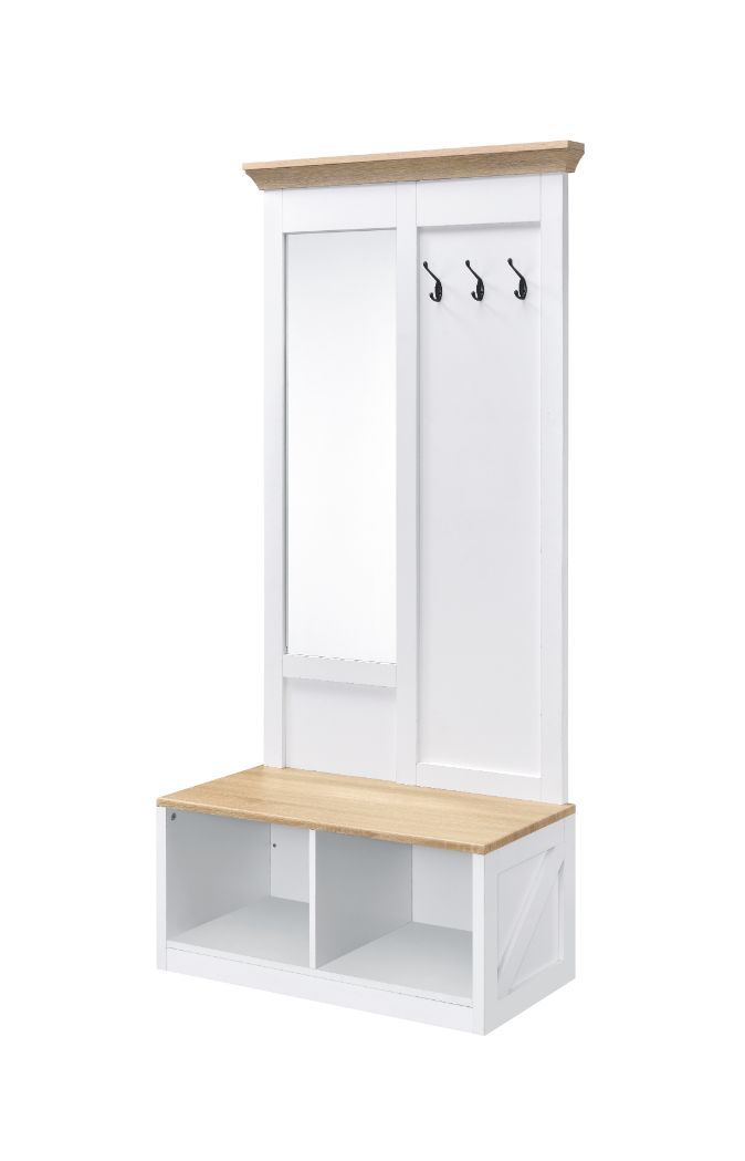 KD 2 Open Storage Compartments Includes Body Length Mirror and Bench 3 Metal Hooks Recommanded Numbers of Shoes: 4 pairs<br/><br/><b>Product Features</b><ul><li>Case: 1Pc/1Ctn</li><li>Finish: Light Oak & White Finish</li><li>Style: Transitional</li><li>Ma