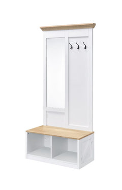 KD 2 Open Storage Compartments Includes Body Length Mirror and Bench 3 Metal Hooks Recommanded Numbers of Shoes: 4 pairs<br/><br/><b>Product Features</b><ul><li>Case: 1Pc/1Ctn</li><li>Finish: Light Oak & White Finish</li><li>Style: Transitional</li><li>Ma