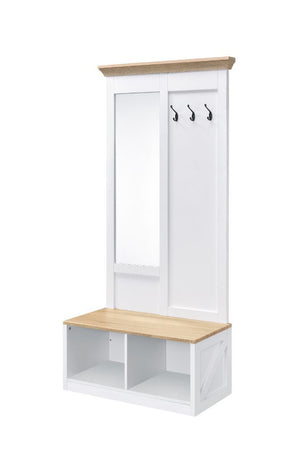 KD 2 Open Storage Compartments Includes Body Length Mirror and Bench 3 Metal Hooks Recommanded Numbers of Shoes: 4 pairs<br/><br/><b>Product Features</b><ul><li>Case: 1Pc/1Ctn</li><li>Finish: Light Oak & White Finish</li><li>Style: Transitional</li><li>Ma