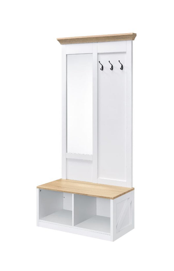 KD 2 Open Storage Compartments Includes Body Length Mirror and Bench 3 Metal Hooks Recommanded Numbers of Shoes: 4 pairs<br/><br/><b>Product Features</b><ul><li>Case: 1Pc/1Ctn</li><li>Finish: Light Oak & White Finish</li><li>Style: Transitional</li><li>Ma