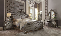 Sleeping like royalty with this Versailles collection, the bedroom set was inspired by old European design. This collection features carved scrollwork accent on headboard. The accent pieces crafted in wood with antique platinum and also included regal fea