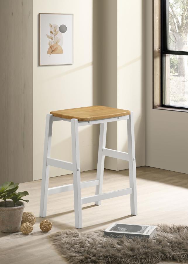 Put the final touches on a welcoming kitchen with a casual modern farmhouse counter stool. Great for a kitchen island, the stool is a backless profile complete with a two-tone look that adds eye-catching appeal. Its flat seat received a natural brown wood
