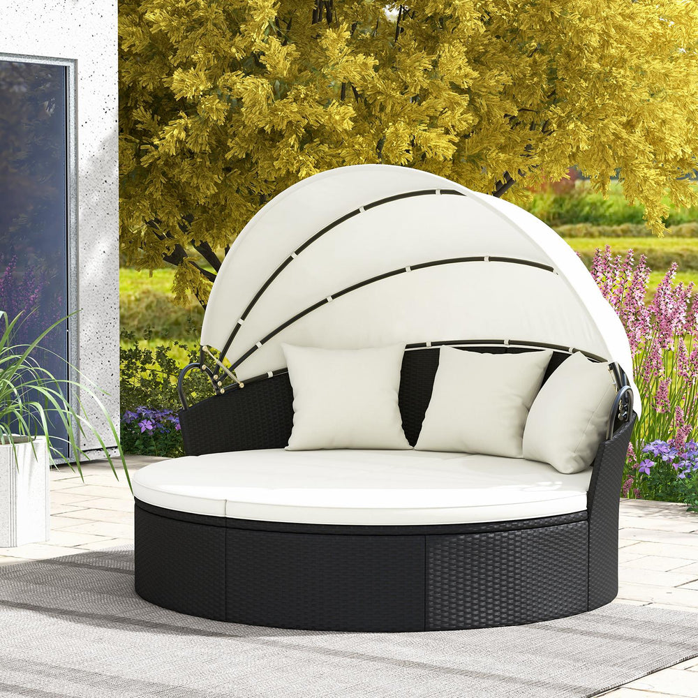 Spacious and comfortable seat for lying down<br>Convertible design for versatile use as a conversation set<br>Cozy cushions and pillows with high-density fillings<br>Easy maintenance with smooth zippers on cushions<br>Adjustable and retractable canopy for