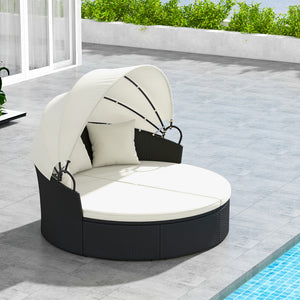 Spacious and comfortable seat for lying down<br>Convertible design for versatile use as a conversation set<br>Cozy cushions and pillows with high-density fillings<br>Easy maintenance with smooth zippers on cushions<br>Adjustable and retractable canopy for