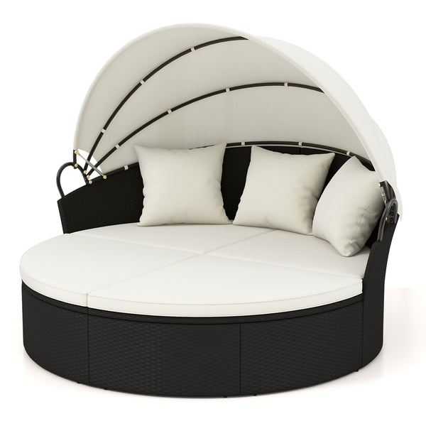 Spacious and comfortable seat for lying down<br>Convertible design for versatile use as a conversation set<br>Cozy cushions and pillows with high-density fillings<br>Easy maintenance with smooth zippers on cushions<br>Adjustable and retractable canopy for