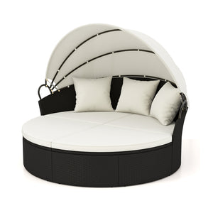 Spacious and comfortable seat for lying down<br>Convertible design for versatile use as a conversation set<br>Cozy cushions and pillows with high-density fillings<br>Easy maintenance with smooth zippers on cushions<br>Adjustable and retractable canopy for