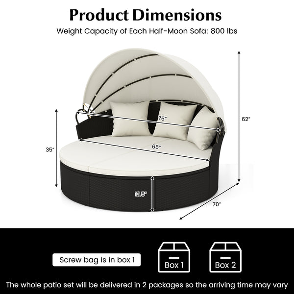 Spacious and comfortable seat for lying down<br>Convertible design for versatile use as a conversation set<br>Cozy cushions and pillows with high-density fillings<br>Easy maintenance with smooth zippers on cushions<br>Adjustable and retractable canopy for