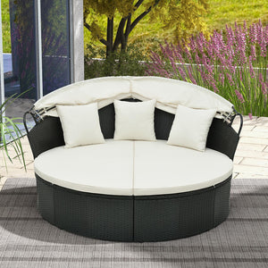 Spacious and comfortable seat for lying down<br>Convertible design for versatile use as a conversation set<br>Cozy cushions and pillows with high-density fillings<br>Easy maintenance with smooth zippers on cushions<br>Adjustable and retractable canopy for