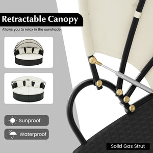 Spacious and comfortable seat for lying down<br>Convertible design for versatile use as a conversation set<br>Cozy cushions and pillows with high-density fillings<br>Easy maintenance with smooth zippers on cushions<br>Adjustable and retractable canopy for