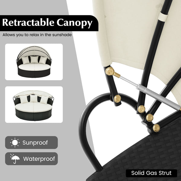 Spacious and comfortable seat for lying down<br>Convertible design for versatile use as a conversation set<br>Cozy cushions and pillows with high-density fillings<br>Easy maintenance with smooth zippers on cushions<br>Adjustable and retractable canopy for