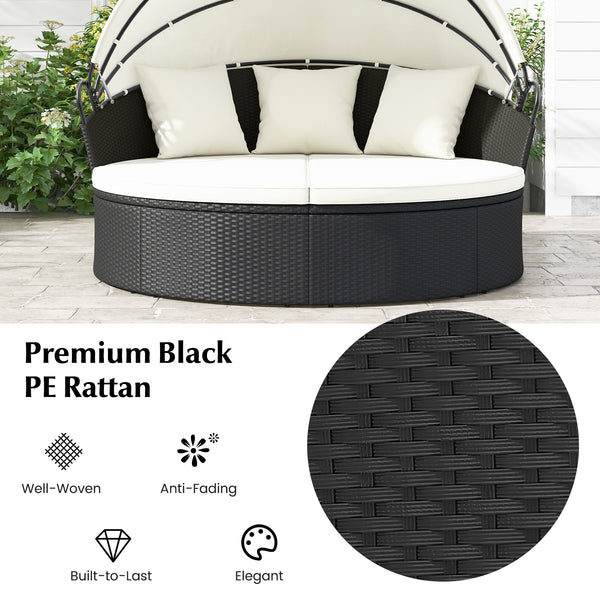 Spacious and comfortable seat for lying down<br>Convertible design for versatile use as a conversation set<br>Cozy cushions and pillows with high-density fillings<br>Easy maintenance with smooth zippers on cushions<br>Adjustable and retractable canopy for