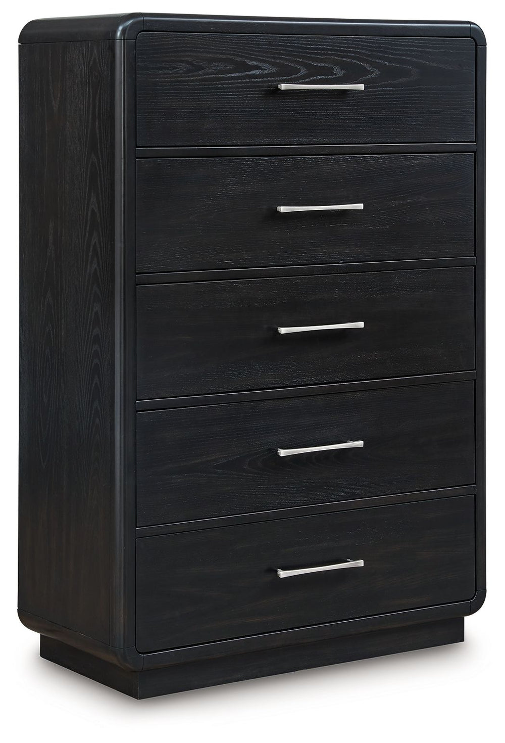Inspired by art deco design, this softly shaped chest of drawers makes a lasting impression in a simply stunning way. Its magnificent curved silhouette is enhanced by a rich layered black finish on the textured wood grain surface. This is the statement pi