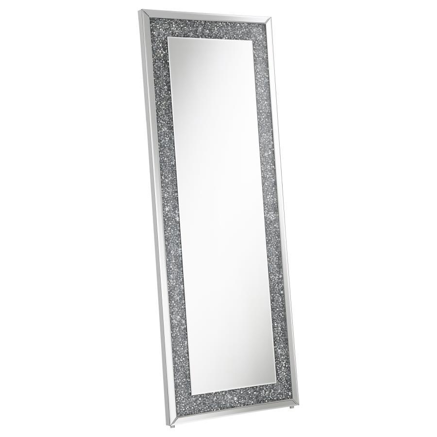 Glam up your space with this dazzling full-length floor mirror, designed to impress from every angle. Its rectangular shape is framed with sparkling silver rhinestone accents and bordered by sleek mirrored trim. Ideal for bedrooms, dressing areas, or walk