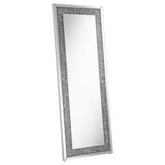 Glam up your space with this dazzling full-length floor mirror, designed to impress from every angle. Its rectangular shape is framed with sparkling silver rhinestone accents and bordered by sleek mirrored trim. Ideal for bedrooms, dressing areas, or walk