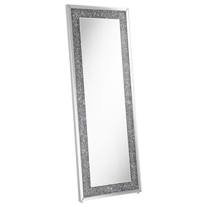 Glam up your space with this dazzling full-length floor mirror, designed to impress from every angle. Its rectangular shape is framed with sparkling silver rhinestone accents and bordered by sleek mirrored trim. Ideal for bedrooms, dressing areas, or walk