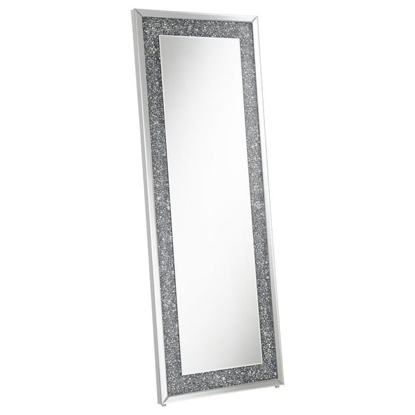Glam up your space with this dazzling full-length floor mirror, designed to impress from every angle. Its rectangular shape is framed with sparkling silver rhinestone accents and bordered by sleek mirrored trim. Ideal for bedrooms, dressing areas, or walk