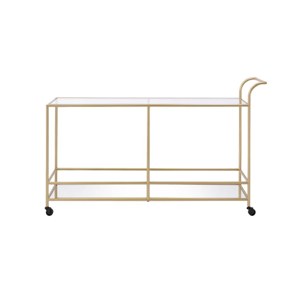 Designed to add luxurious and sophisticated touch to your dining area, this Kenda serving cart is a great option for keeping your favorite bottles in easy reach. The top shelf is crafted with 5mm tempered clear glass and the bottom shelf is mirrored. The 