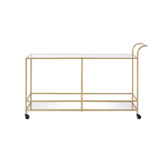 Designed to add luxurious and sophisticated touch to your dining area, this Kenda serving cart is a great option for keeping your favorite bottles in easy reach. The top shelf is crafted with 5mm tempered clear glass and the bottom shelf is mirrored. The 