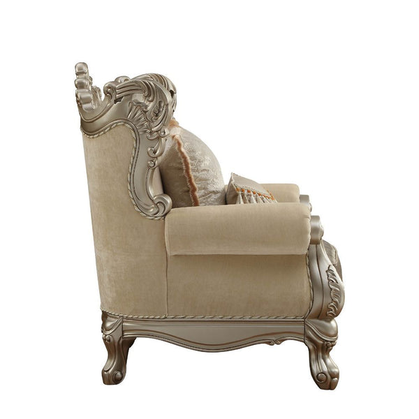  w/2 Pillows â€¢ Oversized Scrolled Carving Trim with Nailhead Trim: Detailed Accents Inside/Outside Backrest: Champagne Finish